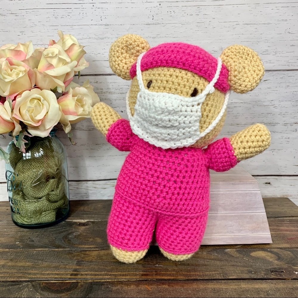 Crocheted Pink Nurse Bear w/ Mask and Cap